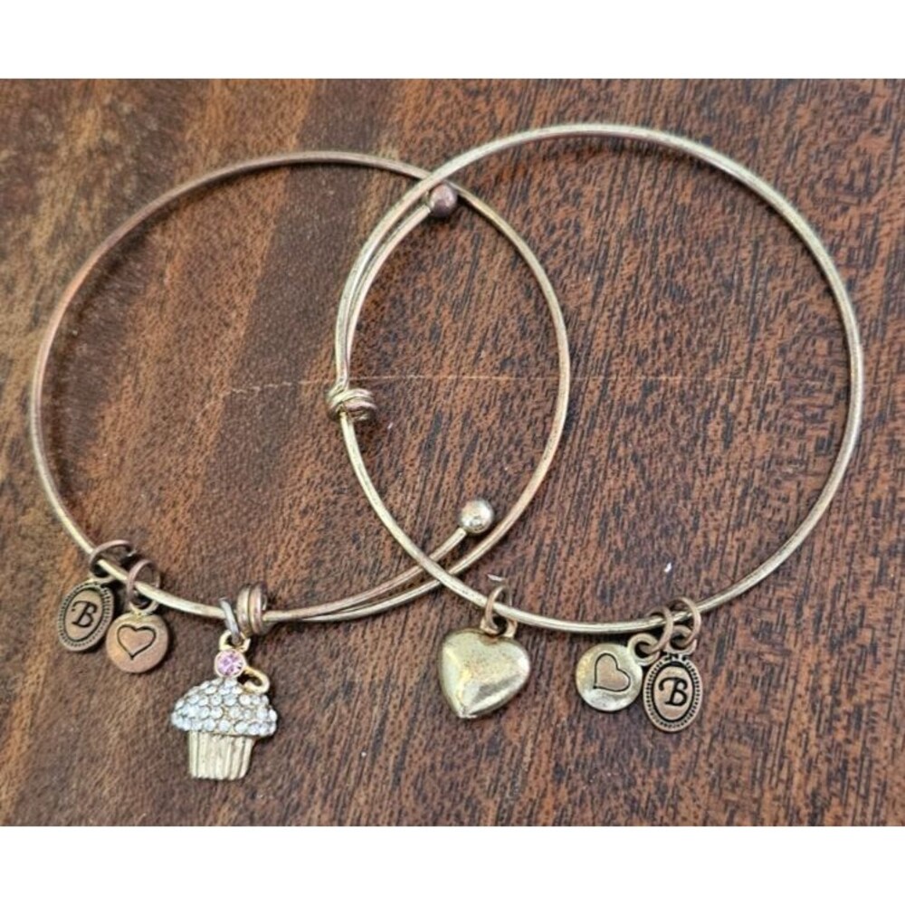 Lot of 2 Brass Tone Brighton Charm Bracelets - Cupcake, Heart